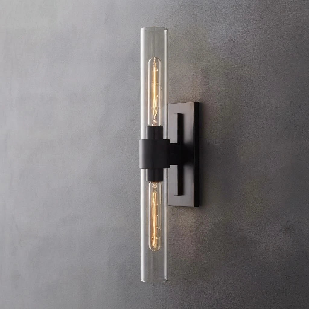 Front View of Modern Vertical Black Metal Crystal Wall Sconce