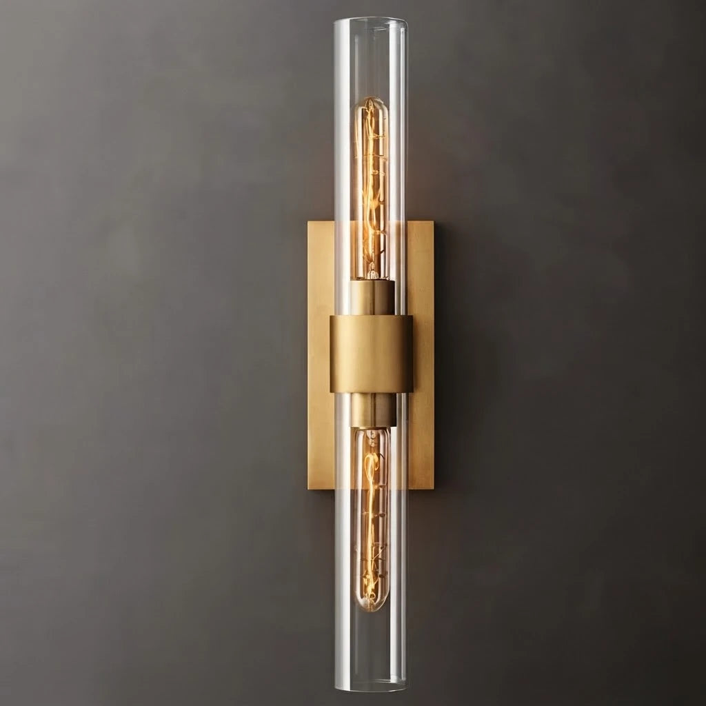 Illuminated Modern Vertical Brass Crystal Cylinder Wall Sconce