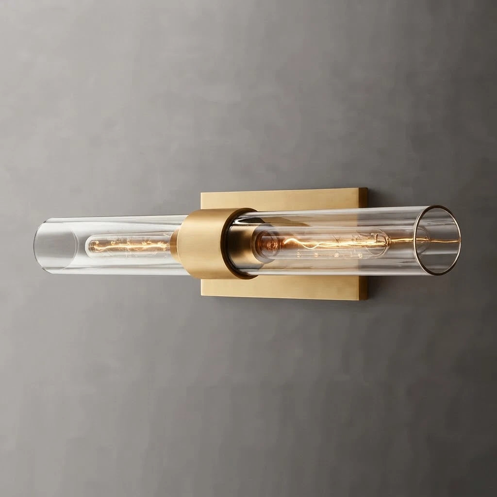 Illuminated Modern Horizontal Brass Crystal Wall Sconce Studio Shot