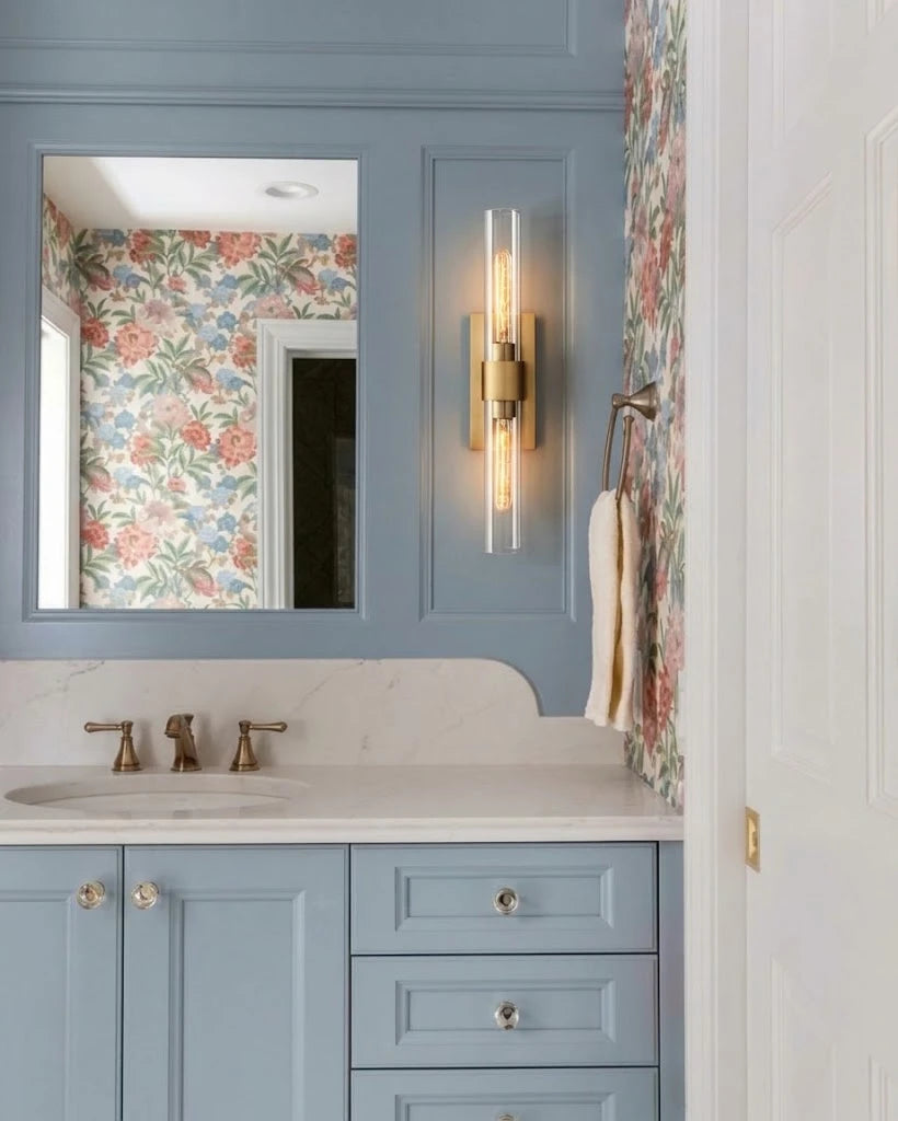 Modern Crystal Glass Wall Sconce in Bathroom Vanity Setting