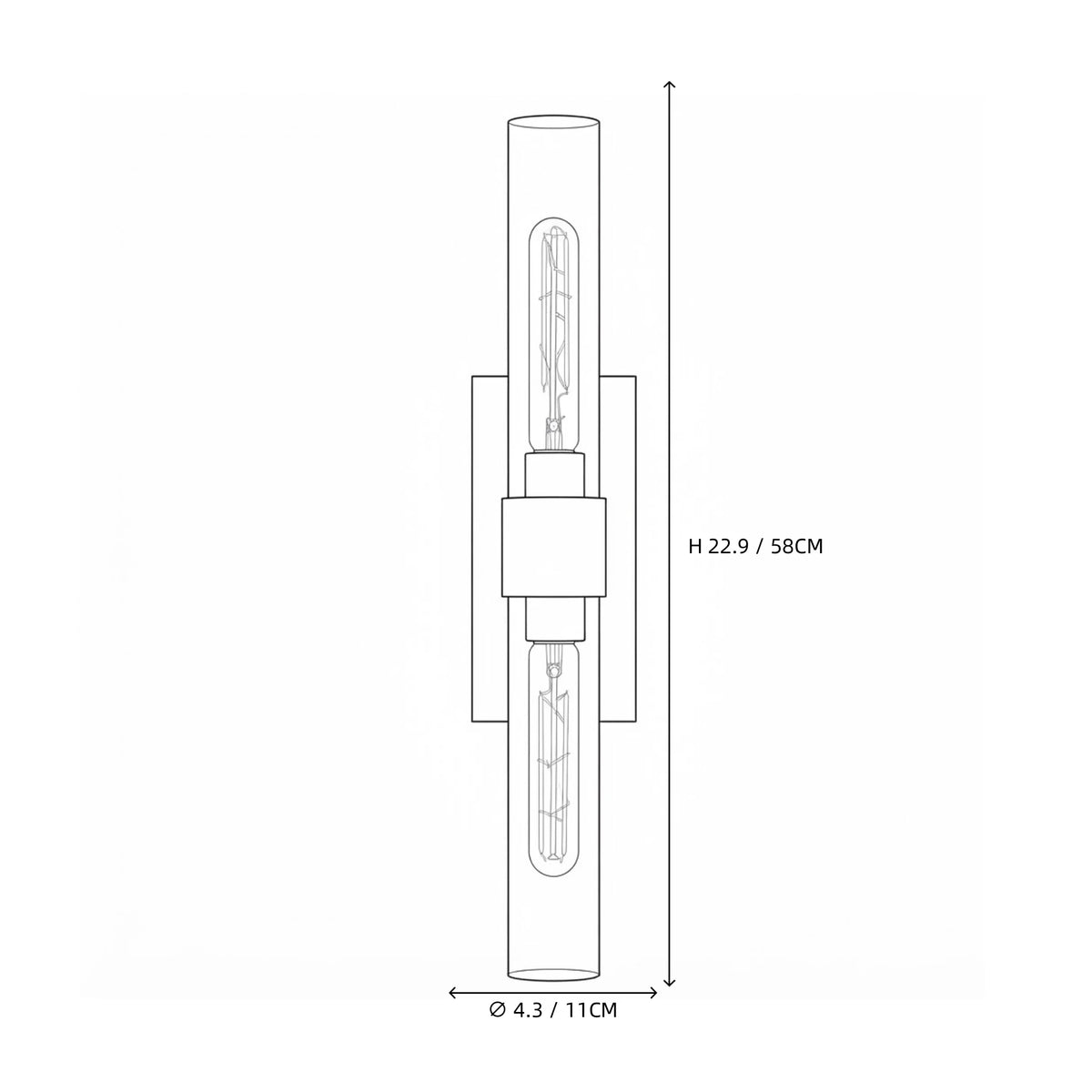 Modern Vertical Crystal Cylinder Wall Sconce Line Art Dimension Diagram