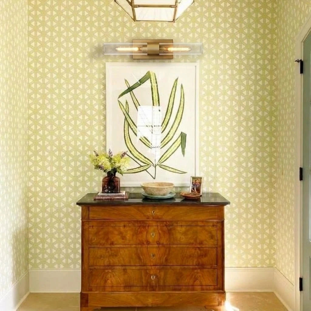 Modern Crystal Glass Wall Sconce Over Credenza and Artwork