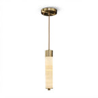 Modern Cylindrical Alabaster Art Glass Pendant Light with Brass Canopy on Pure White Background