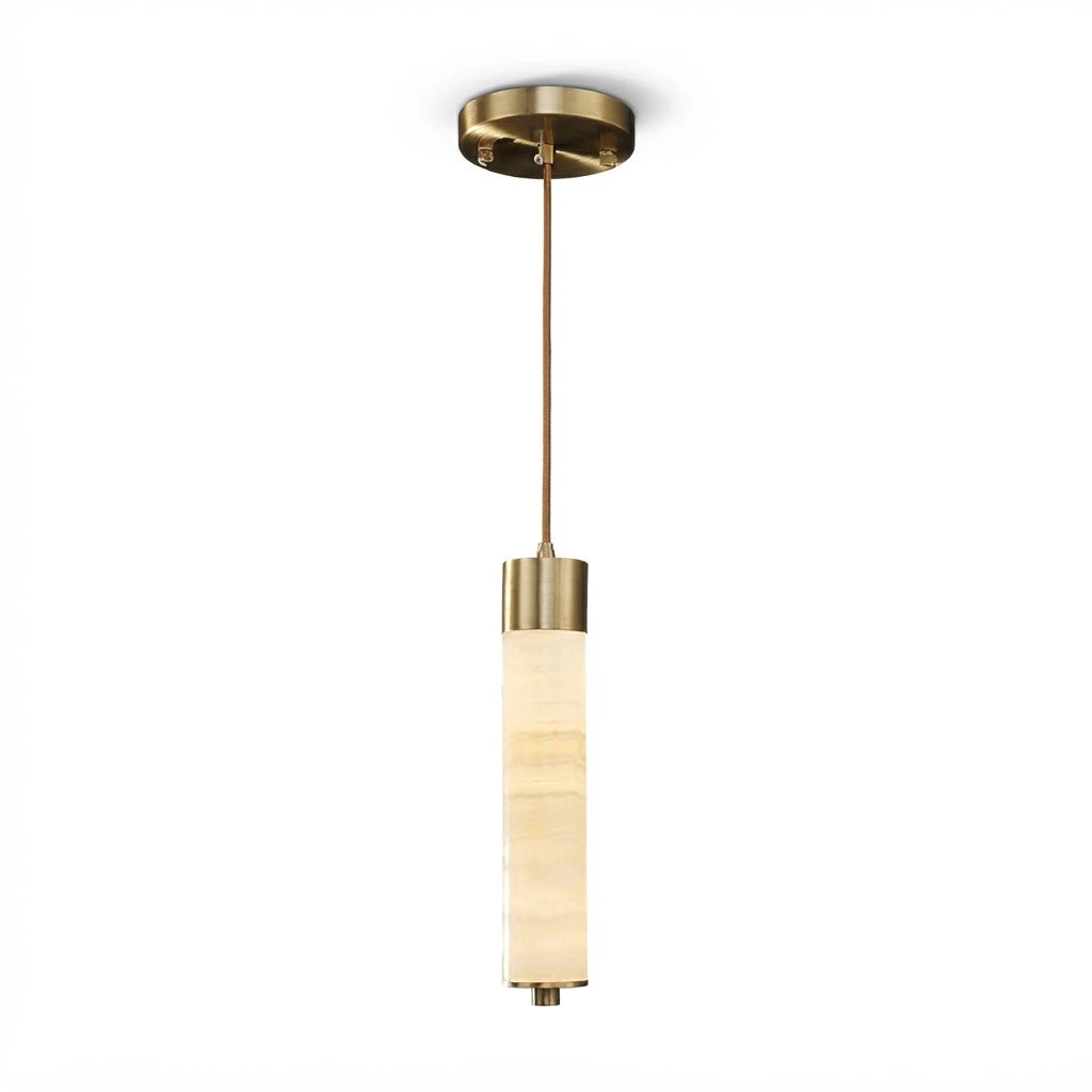 Modern Cylindrical Alabaster Art Glass Pendant Light with Brass Canopy on Pure White Background
