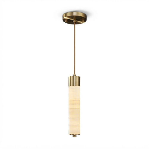 Modern Cylindrical Alabaster Art Glass Pendant Light with Brass Canopy on Pure White Background