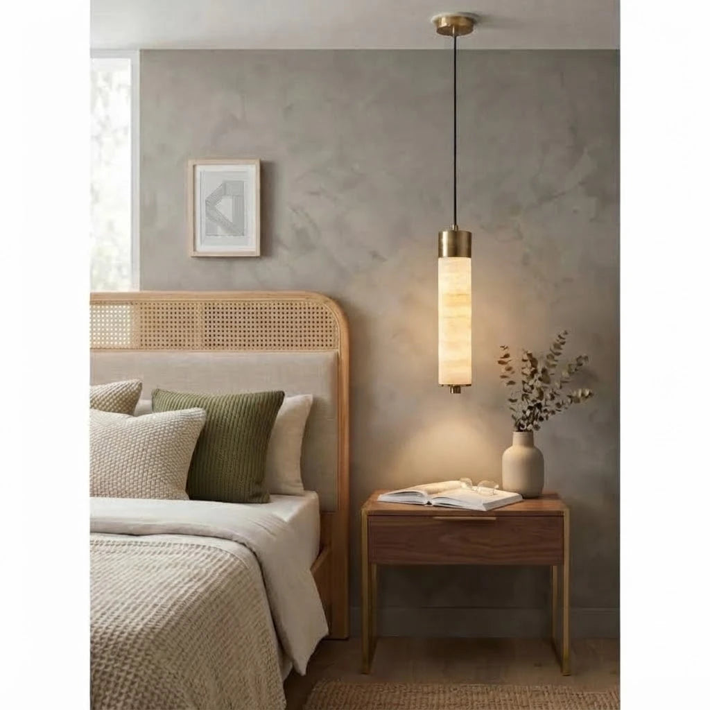Modern Cylindrical Alabaster Pendant Light in Master Bedroom