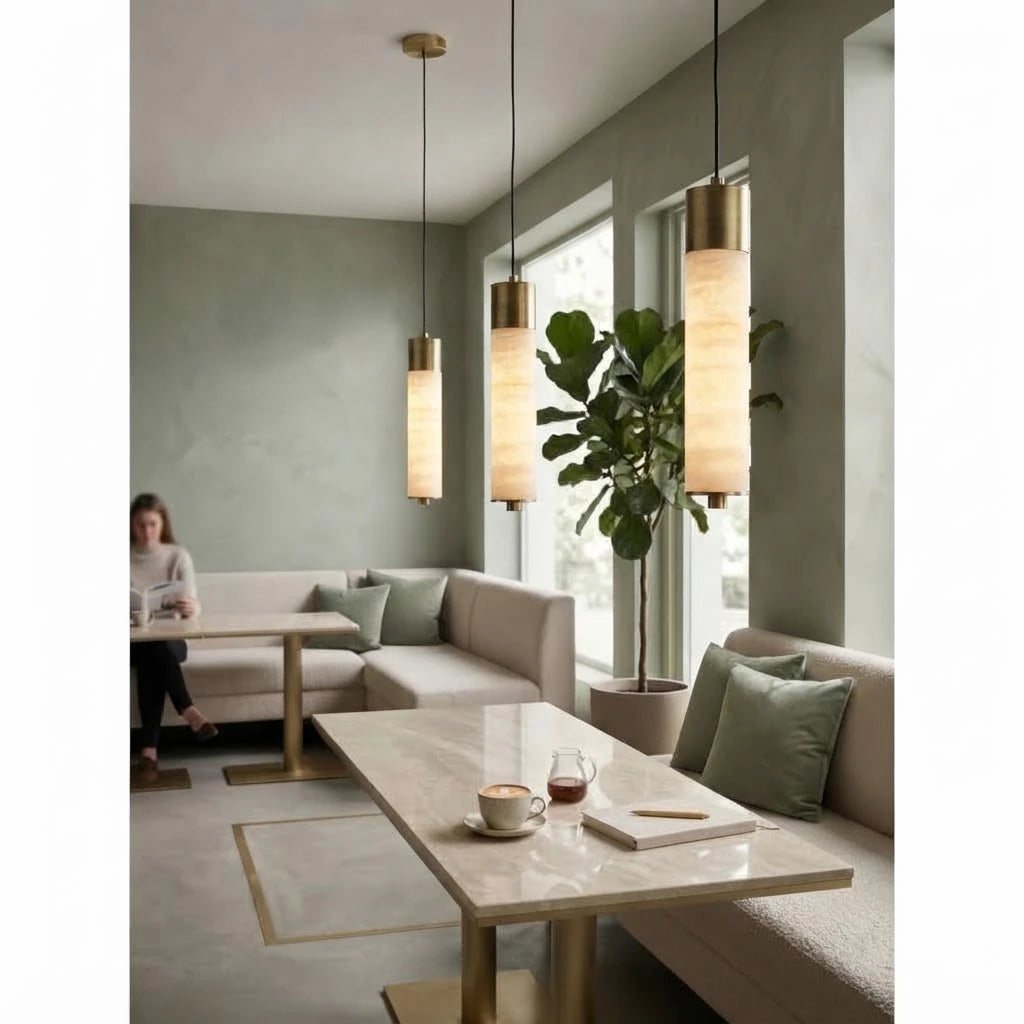 Modern Alabaster Art Glass Pendant Lights in Dining Nook Setting