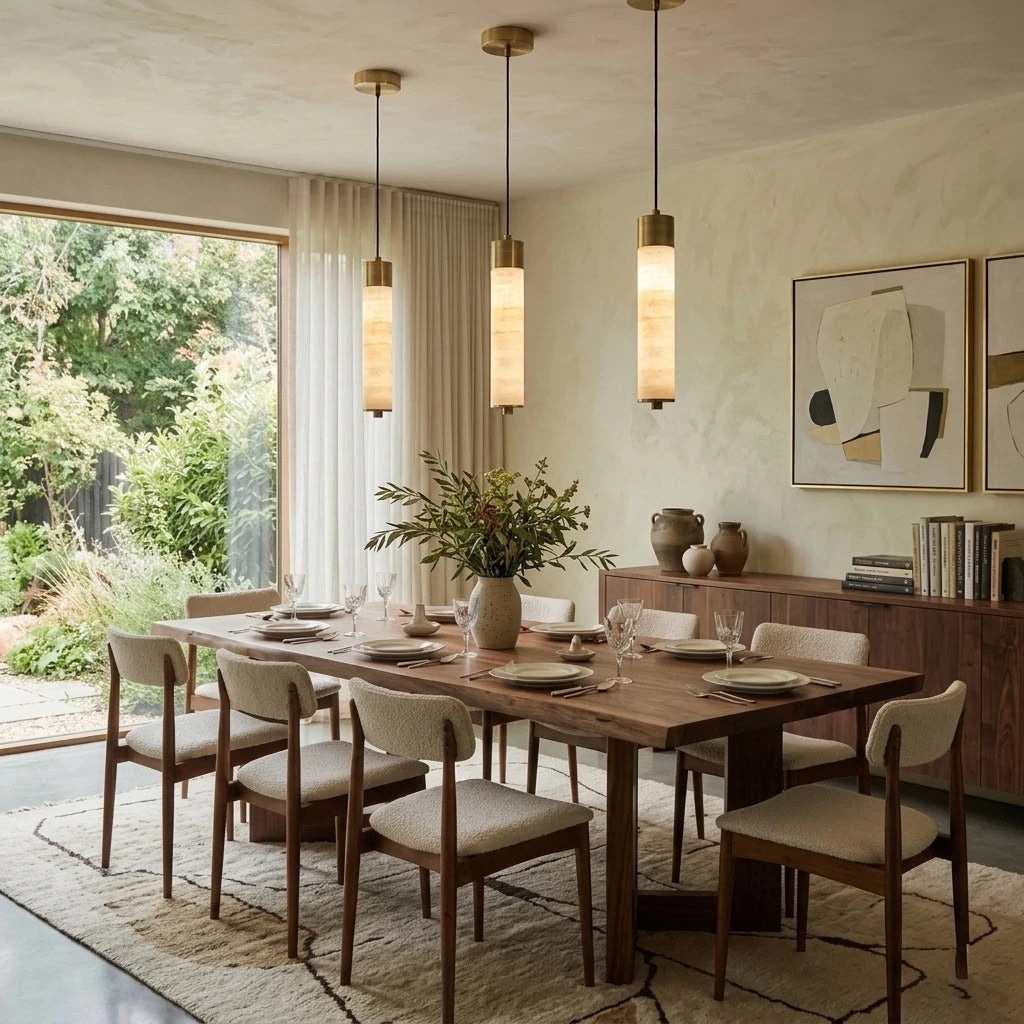 Modern Cylindrical Alabaster Pendant Lights Over Dining Table
