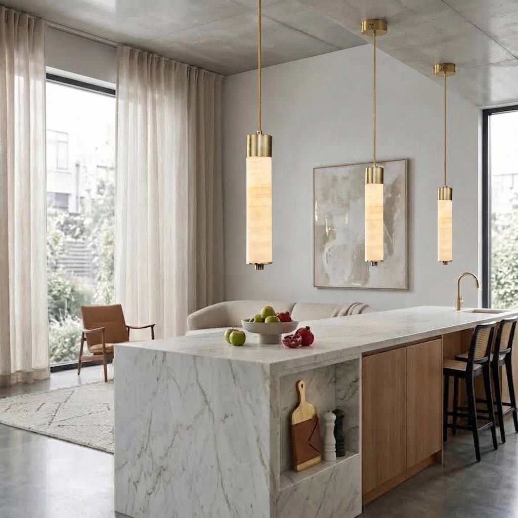 Modern Alabaster Art Glass Pendant Lights Over Kitchen Island