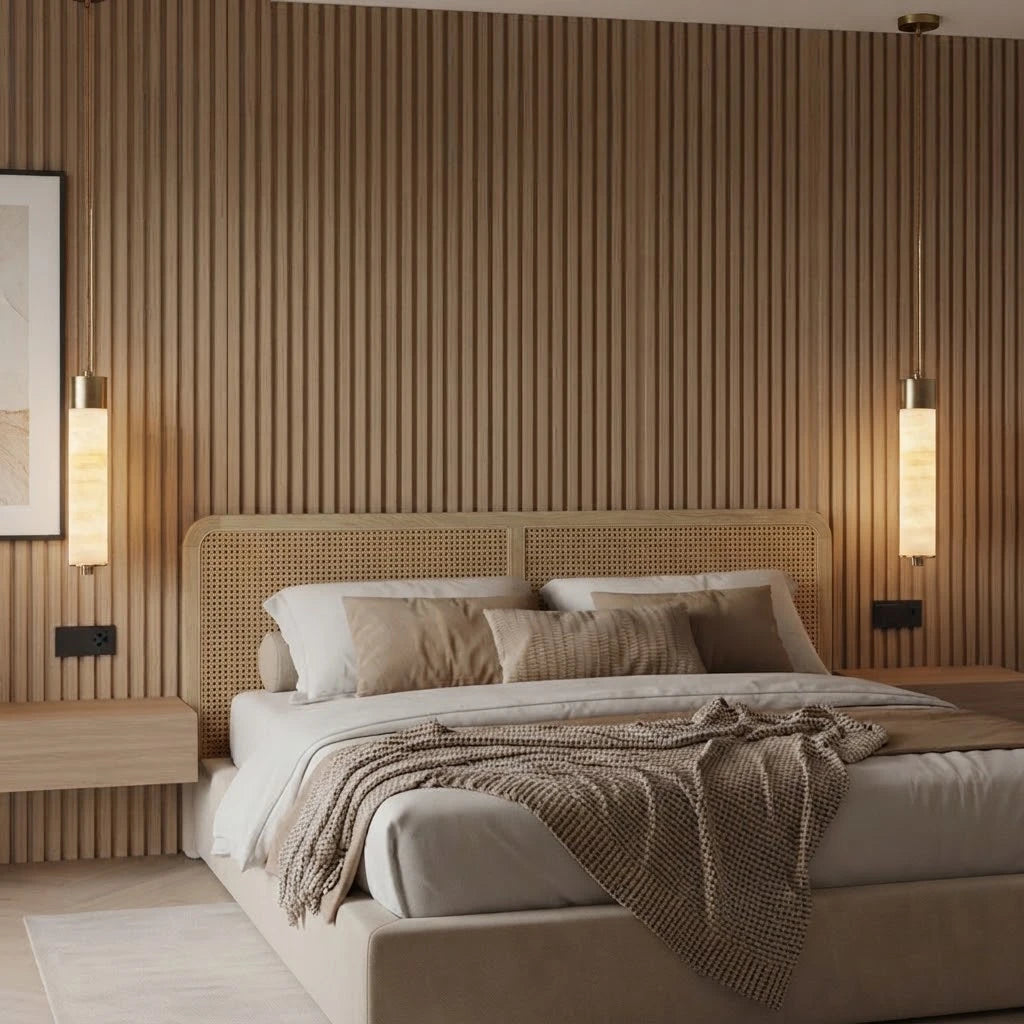 Modern Cylindrical Alabaster Pendant Light in Master Bedroom Interior