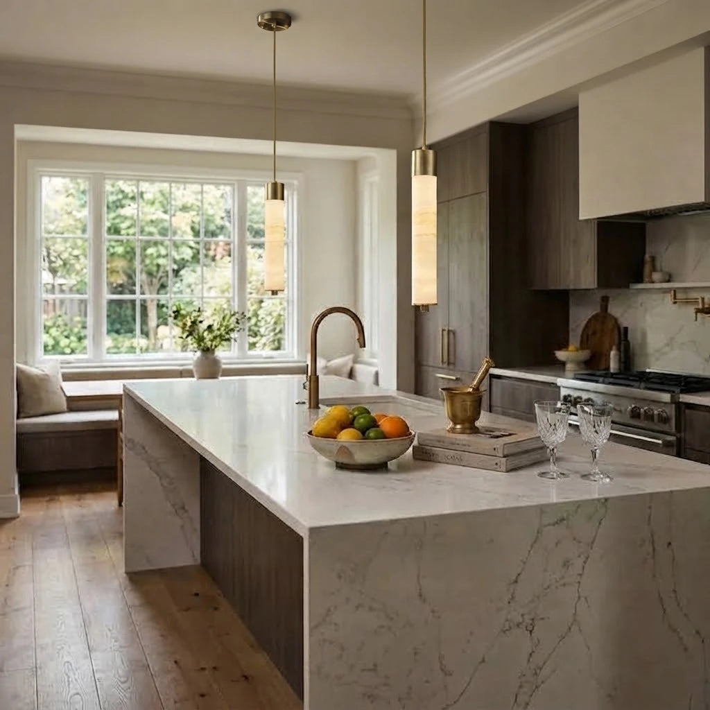 Modern Alabaster Art Glass Pendant Light Over Kitchen Breakfast Bar