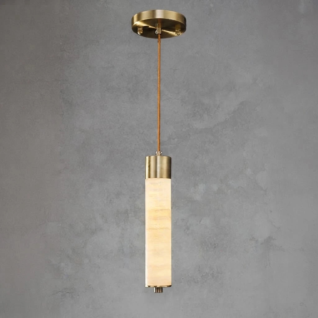 Illuminated Modern Cylindrical Alabaster Pendant Light Studio Shot
