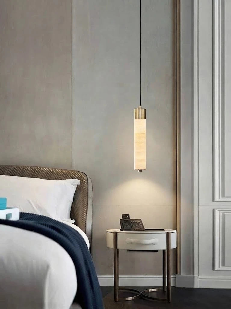 Modern Cylindrical Alabaster Pendant Light Over Bedroom Nightstand