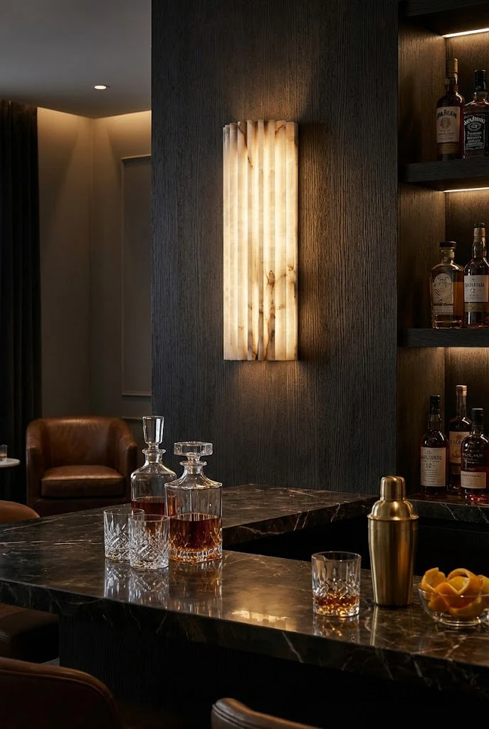 Aurelius Fluted Alabaster Sconce lit on dark wood panel, luxury home bar interior with marble counter and liquor display