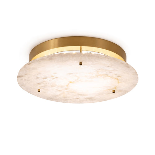 Modern Round Alabaster Disc Flush Mount Ceiling Light with Brass Base on White Background