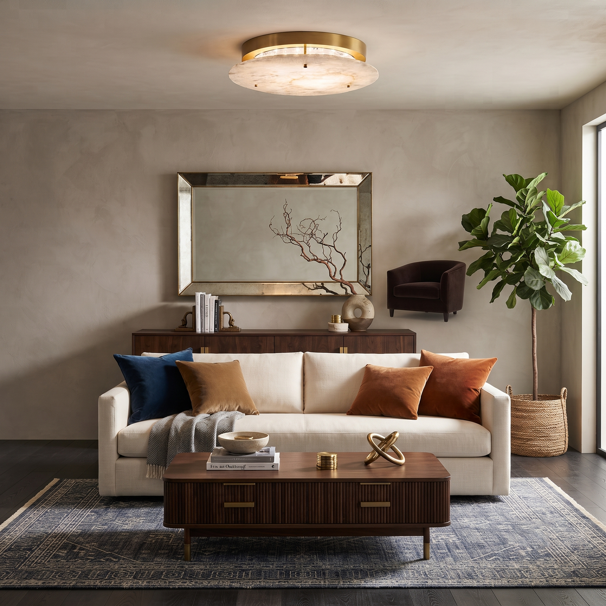 Modern Alabaster Disc Ceiling Light Over Living Room Seating Area