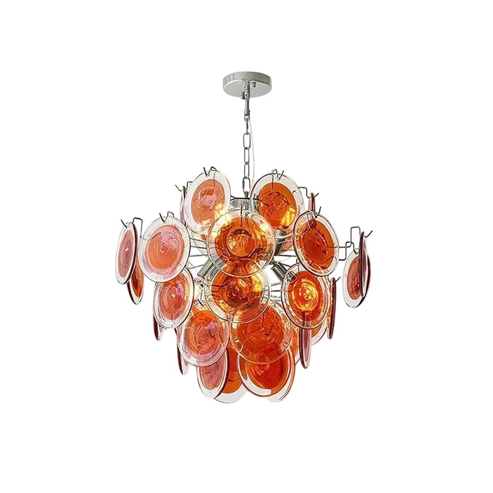 Modern Silver Frame and Orange-Red Iridescent Round Disc Art Glass Chandelier with Silver Canopy on Pure White Background
