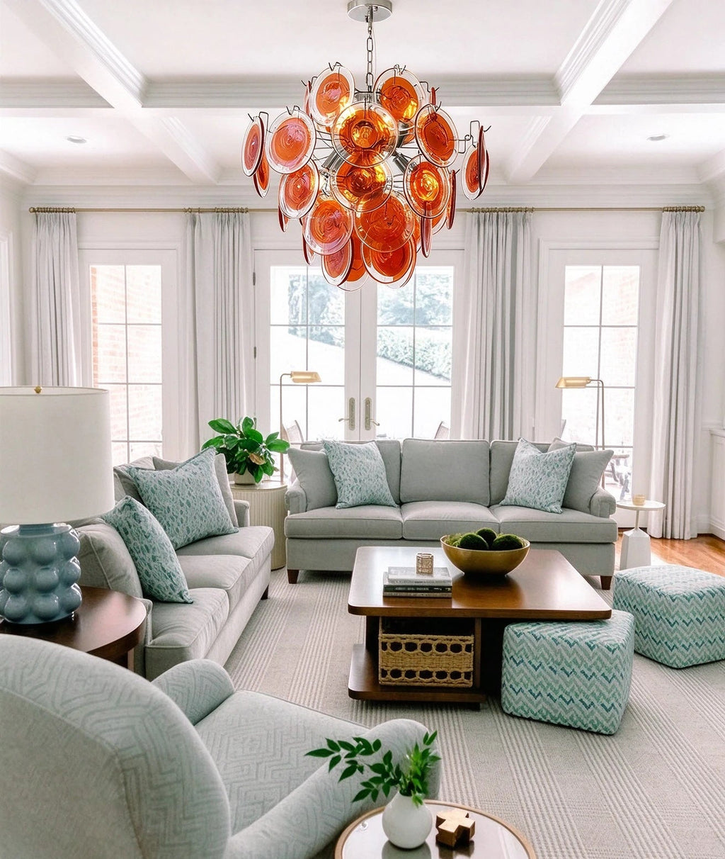 Modern Silver Frame Orange-Red Iridescent Chandelier in Contemporary Living Space