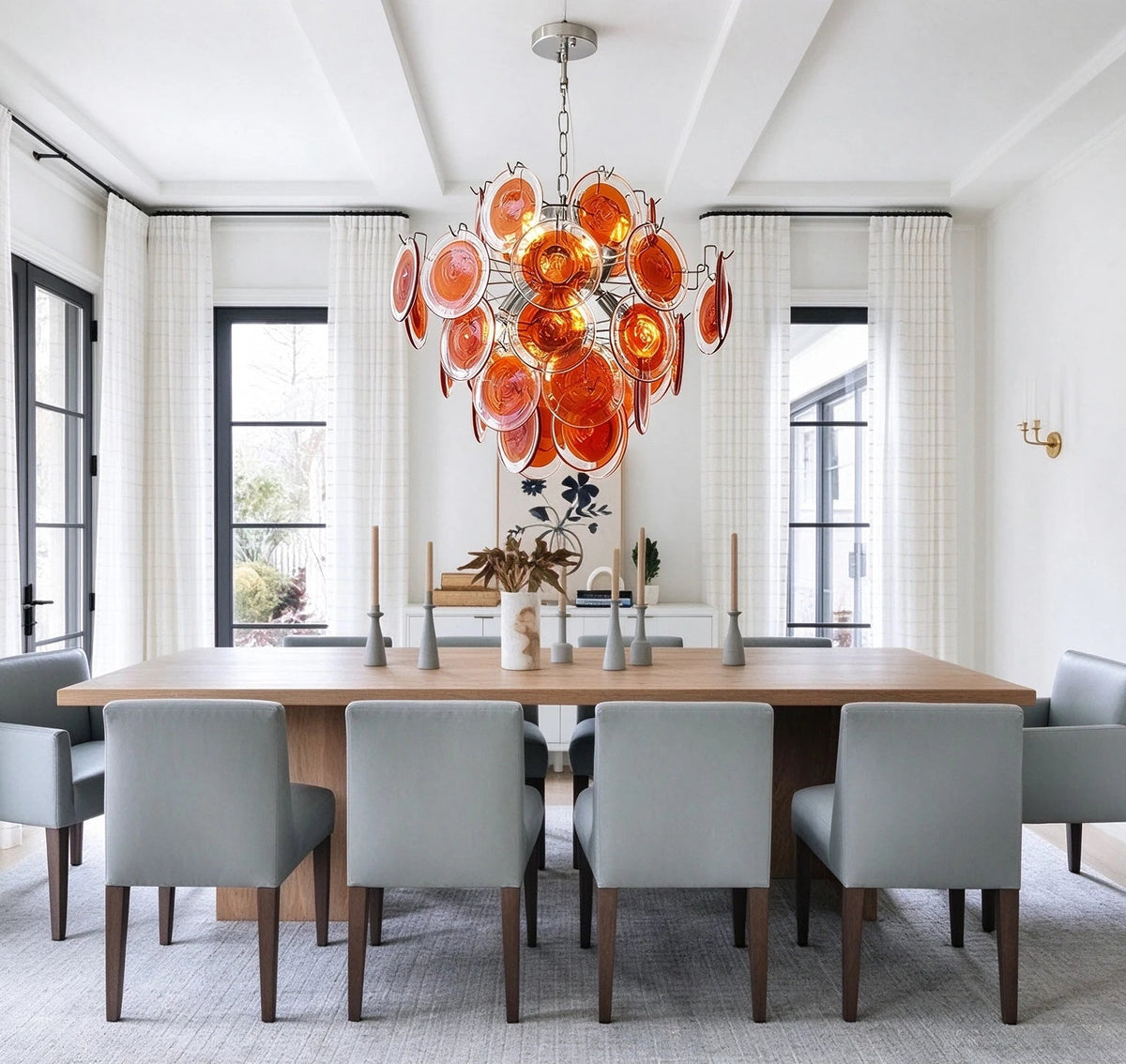 Modern Orange-Red Iridescent Round Disc Art Glass Chandelier in Elegant Dining Area