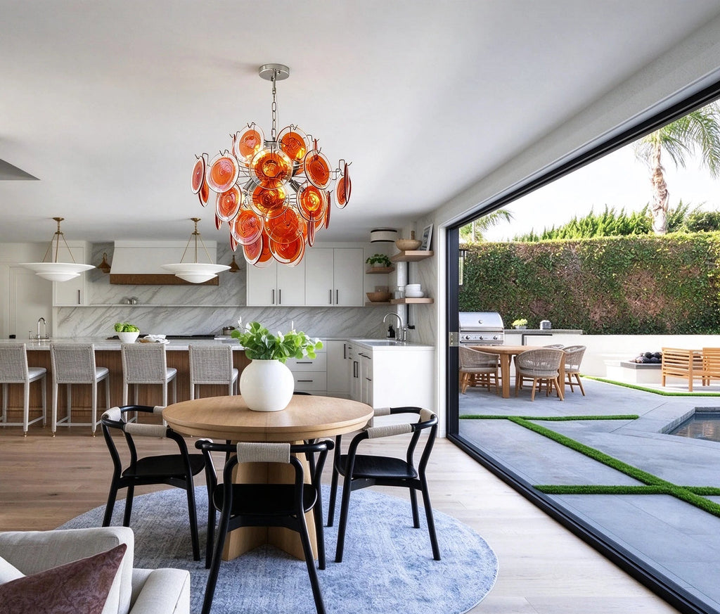 Modern Silver Frame Orange-Red Iridescent Chandelier in Open Plan Interior