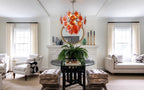 Modern Orange-Red Iridescent Round Disc Art Glass Chandelier in Grand Hallway Foyer