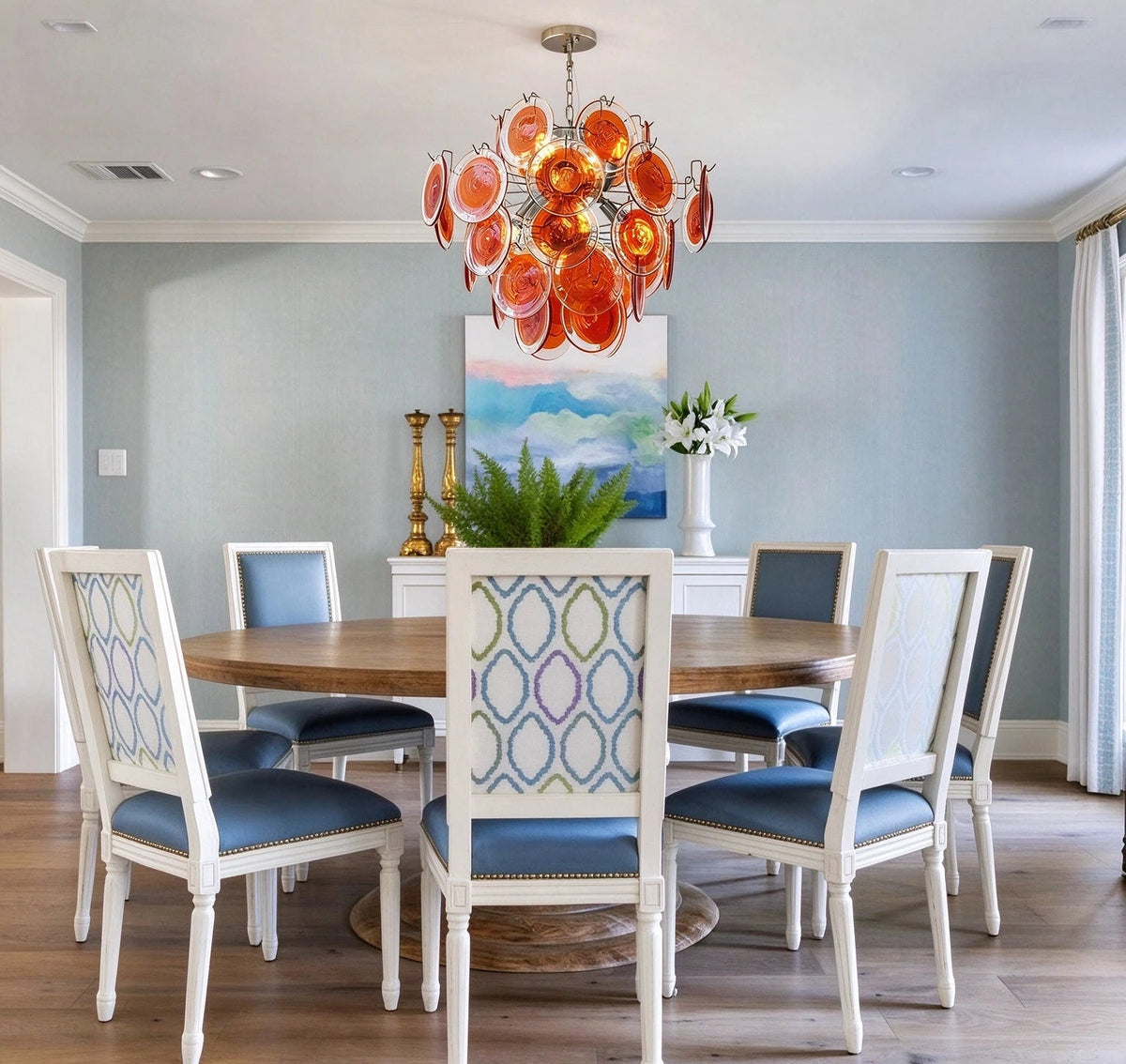 Modern Silver Frame Orange-Red Iridescent Chandelier in Formal Living Room
