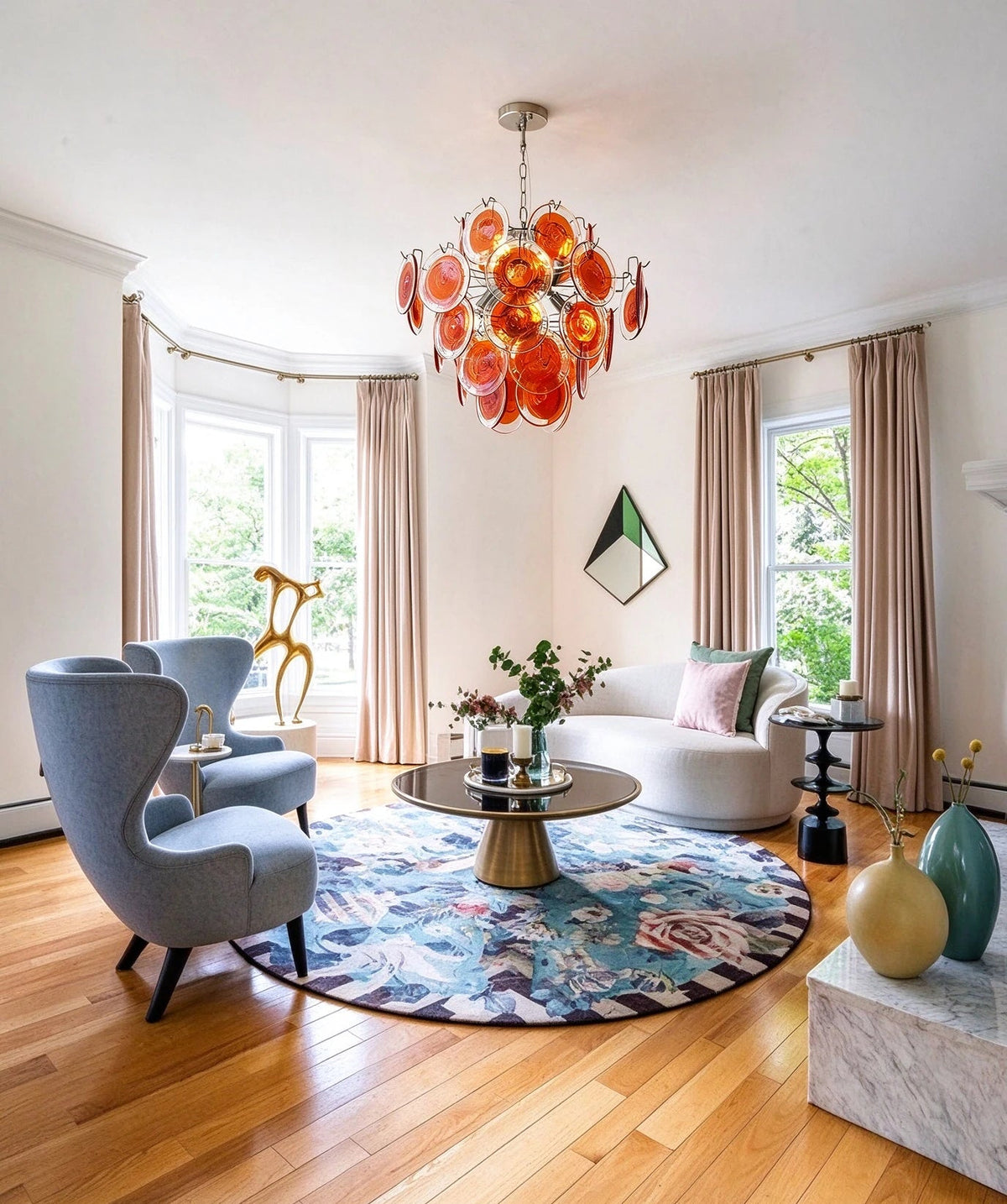 Modern Orange-Red Iridescent Round Disc Art Glass Chandelier in Stylish Sitting Area