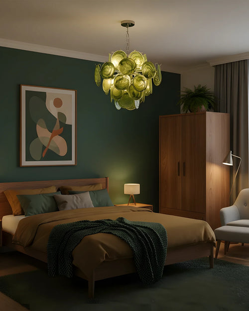 Modern Orange-Red Iridescent Round Disc Art Glass Chandelier in Vintage Green Bedroom
