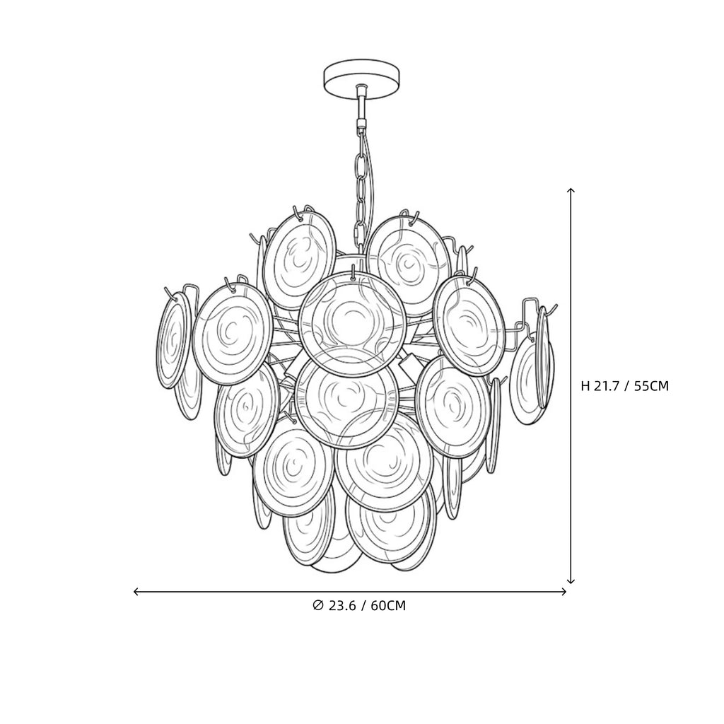 Modern Orange-Red Iridescent Round Disc Art Glass Chandelier Line Art Dimension Diagram