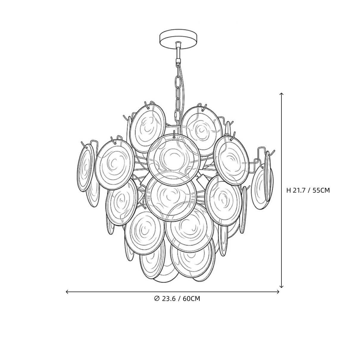 Modern Orange-Red Iridescent Round Disc Art Glass Chandelier Line Art Dimension Diagram