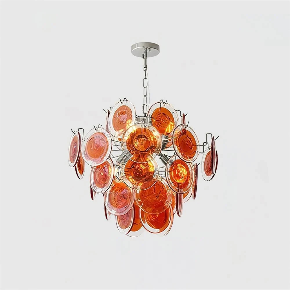 Illuminated Modern Silver Frame Orange-Red Iridescent Round Disc Chandelier Studio Display