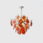 Illuminated Modern Silver Frame Orange-Red Iridescent Round Disc Chandelier Studio Display