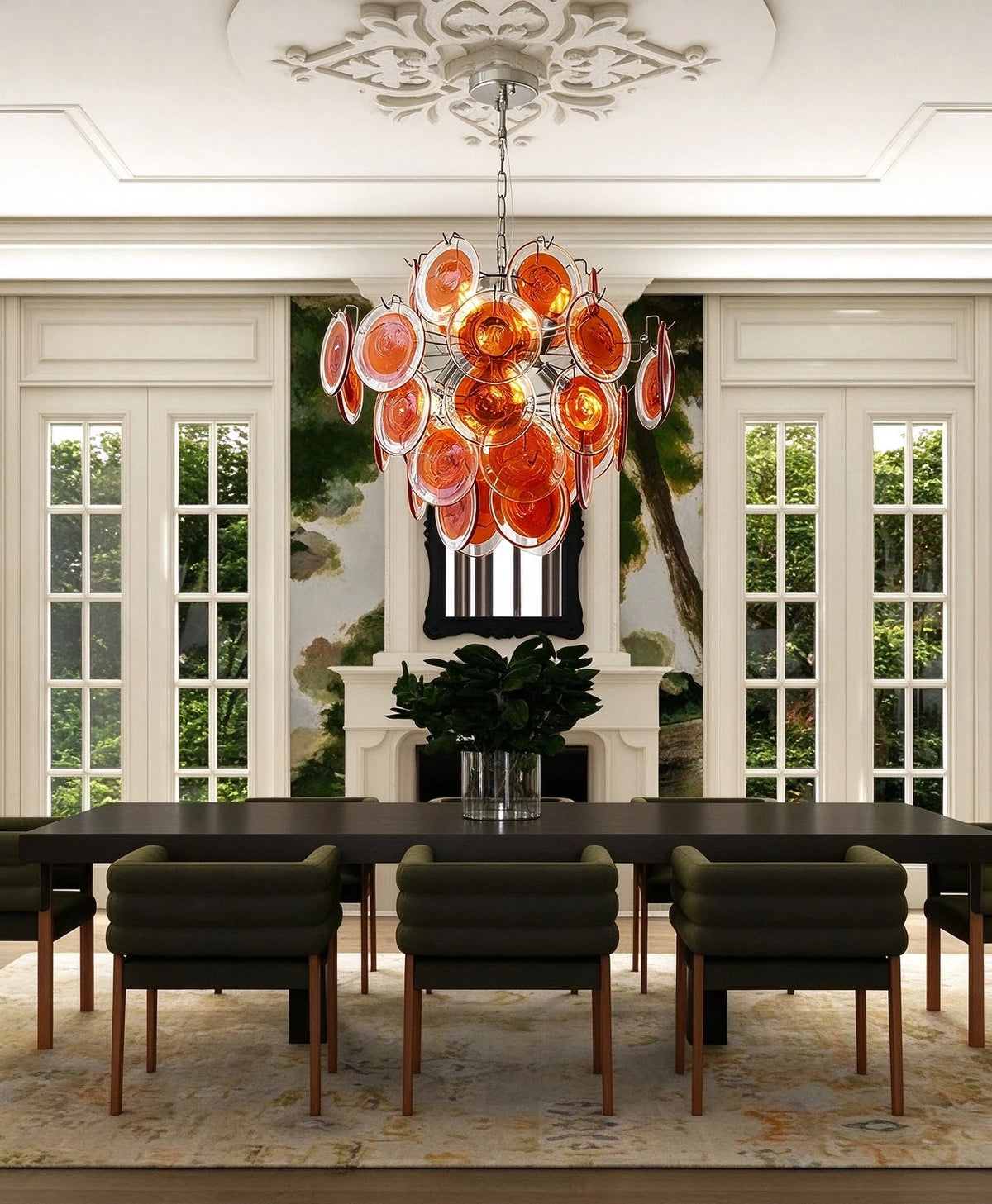 Modern Silver Frame Orange-Red Iridescent Chandelier in Grand Dining Room
