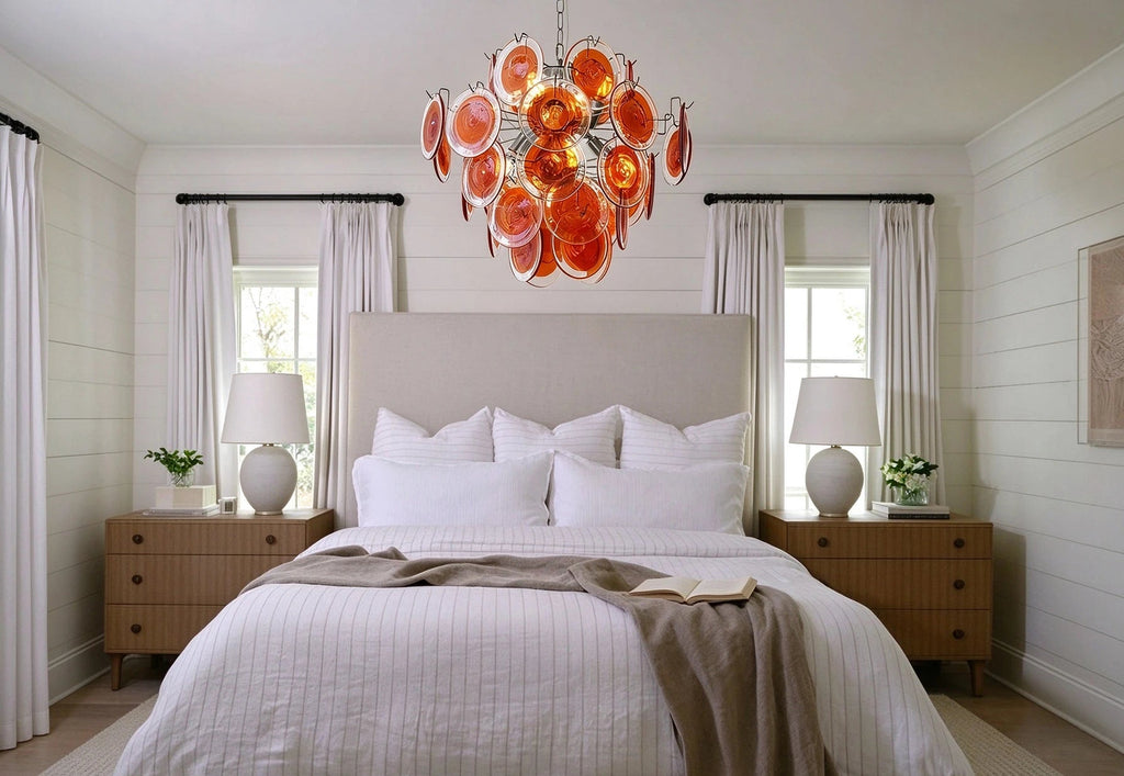 Modern Orange-Red Iridescent Round Disc Art Glass Chandelier in Master Bedroom Setting