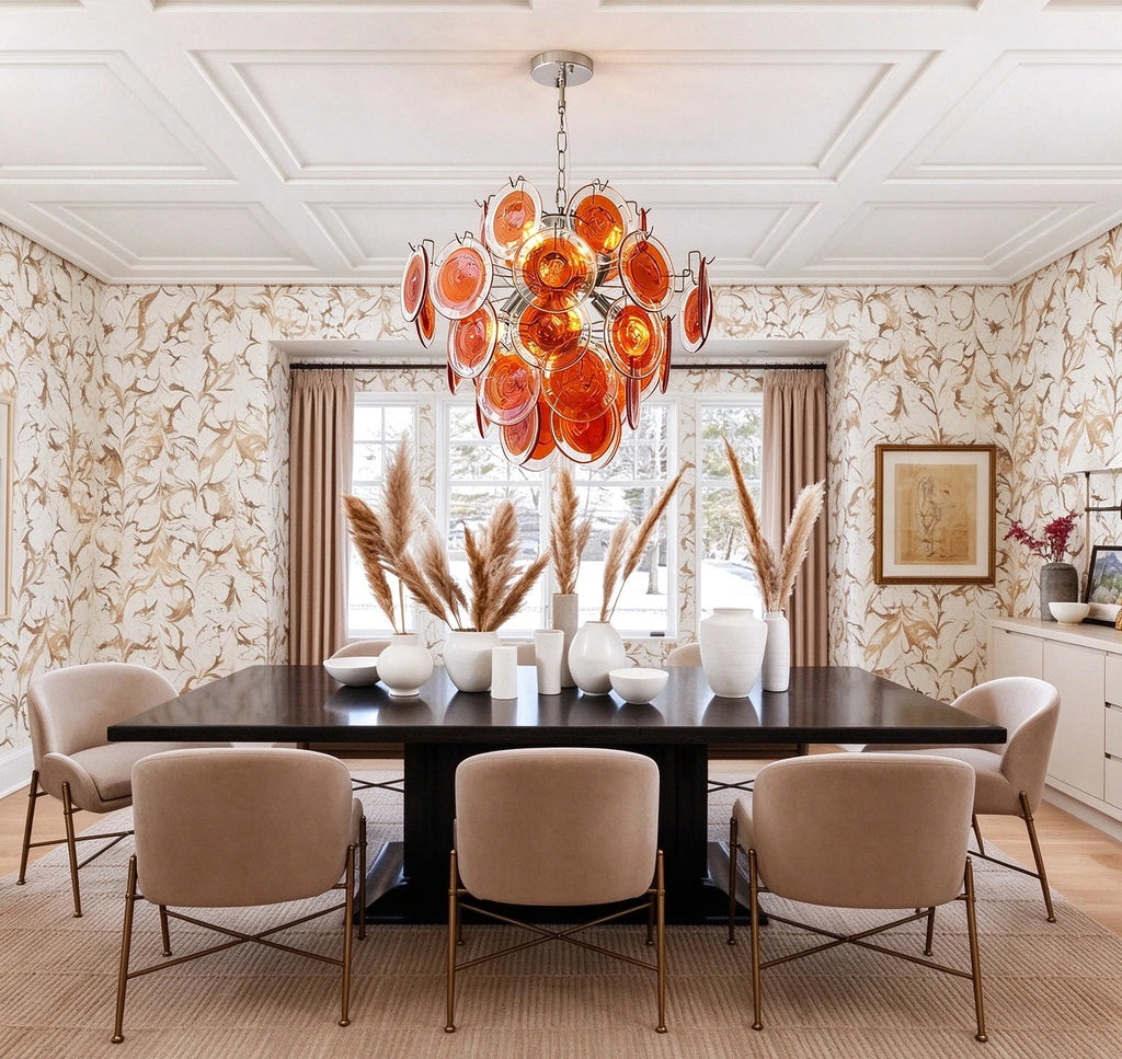 Modern Silver Frame Orange-Red Iridescent Chandelier in Open Plan Dining Setting