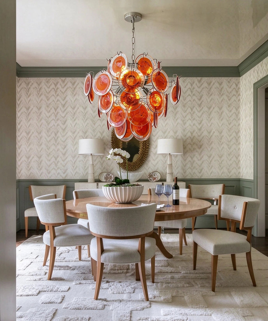 Modern Orange-Red Iridescent Round Disc Art Glass Chandelier in Classic Dining Setting