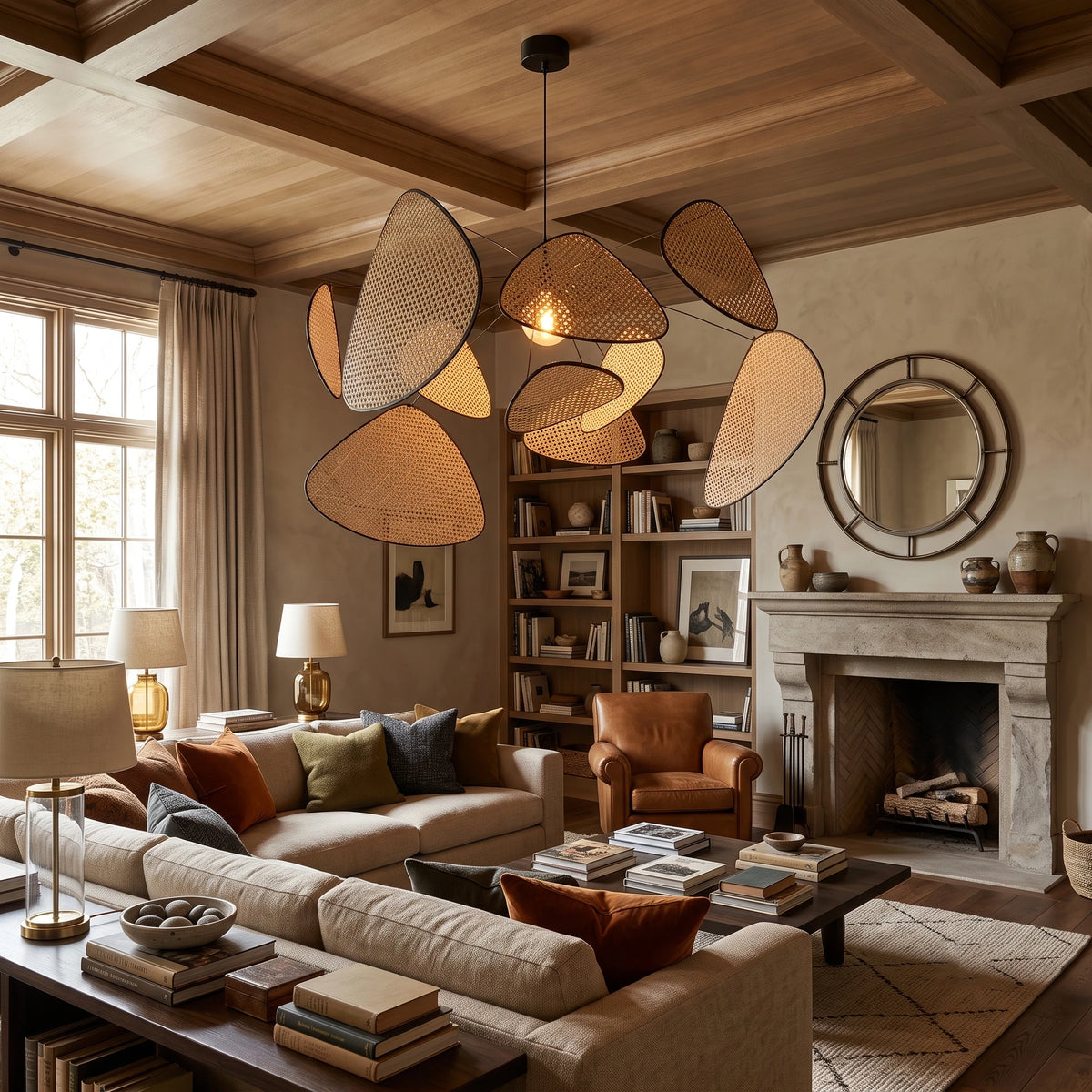 Large Rattan Leaf Chandelier Over Living Room Seating Area