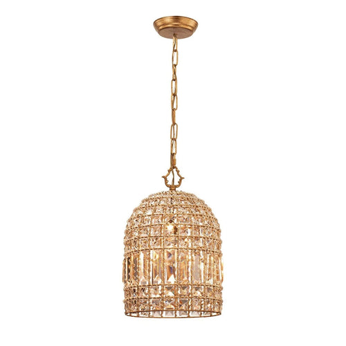 Vintage Brass Crystal Cage Pendant Light on Pure White Background