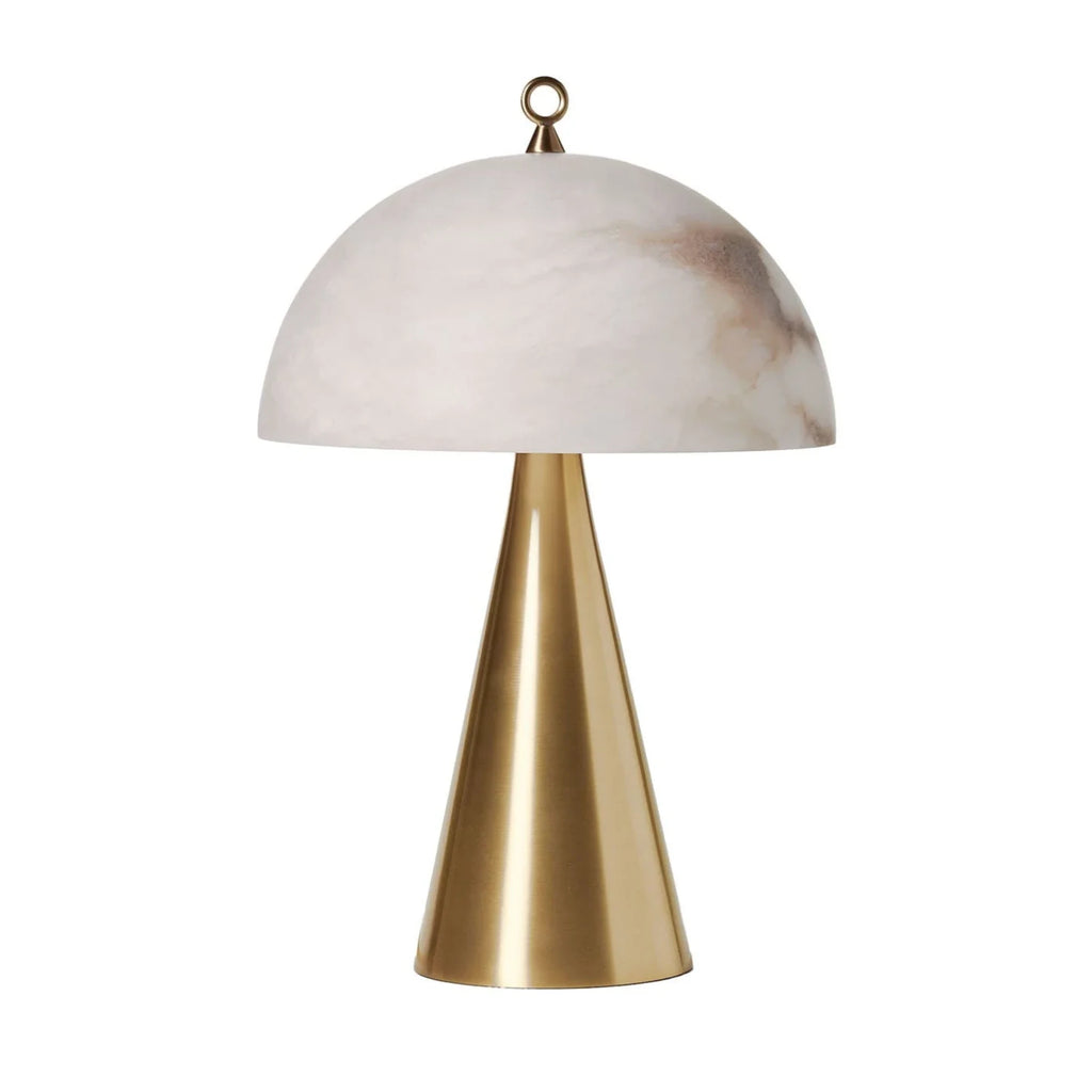 Modern Brass Cone Base and Alabaster Dome Table Lamp with Top Ring Accent on Pure White Background