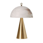 Modern Brass Cone Base and Alabaster Dome Table Lamp with Top Ring Accent on Pure White Background
