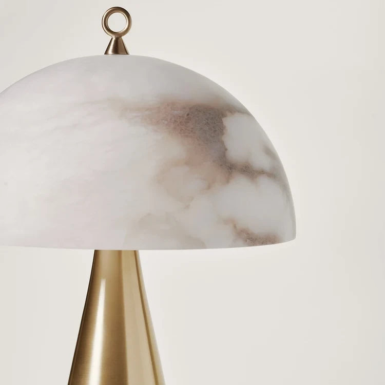 Close Up View of Illuminated Alabaster Dome Shade, Natural Veins, and Top Ring Details