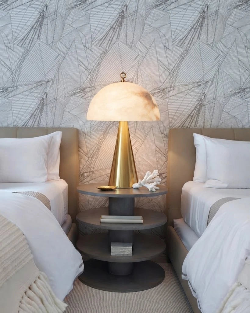 Modern Brass Cone Base Alabaster Table Lamp in Twin Bedroom Interior