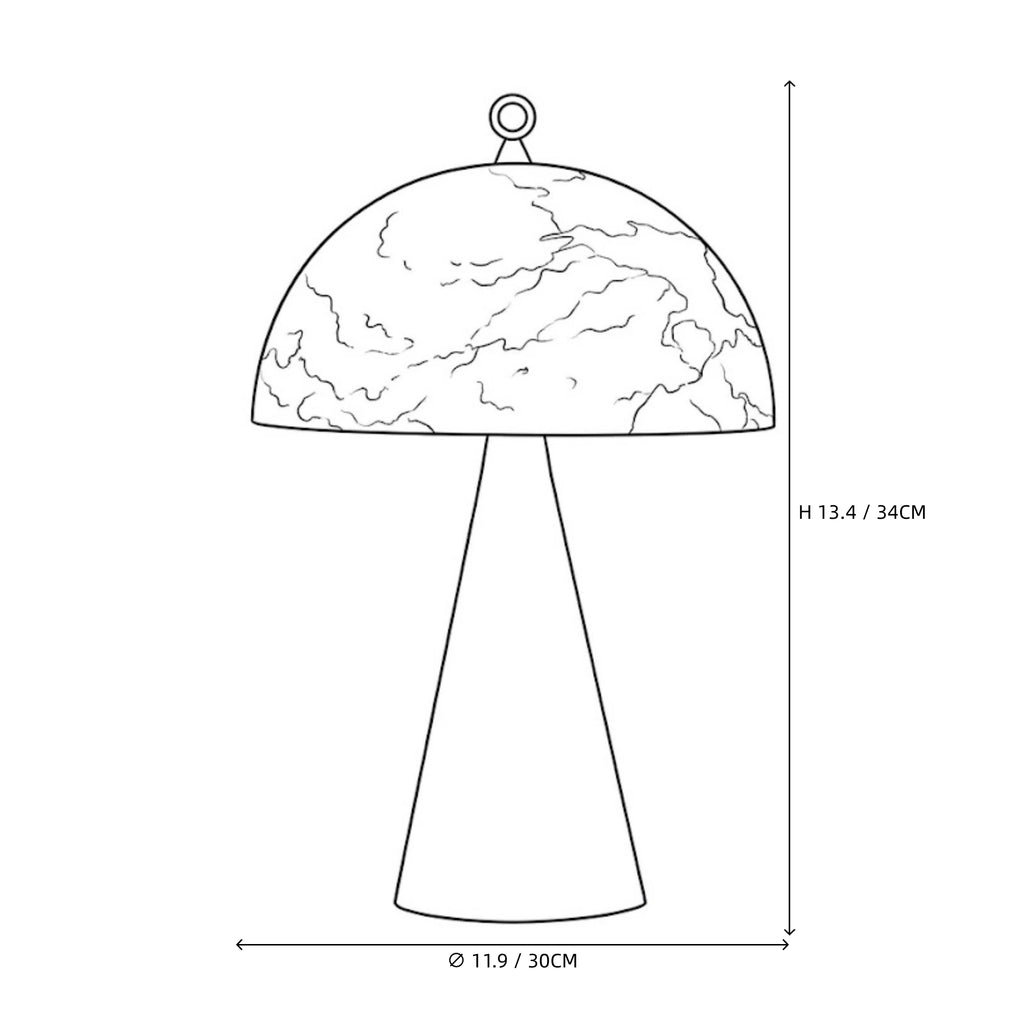 Modern Brass Cone Base Alabaster Dome Table Lamp Line Art Dimension Diagram