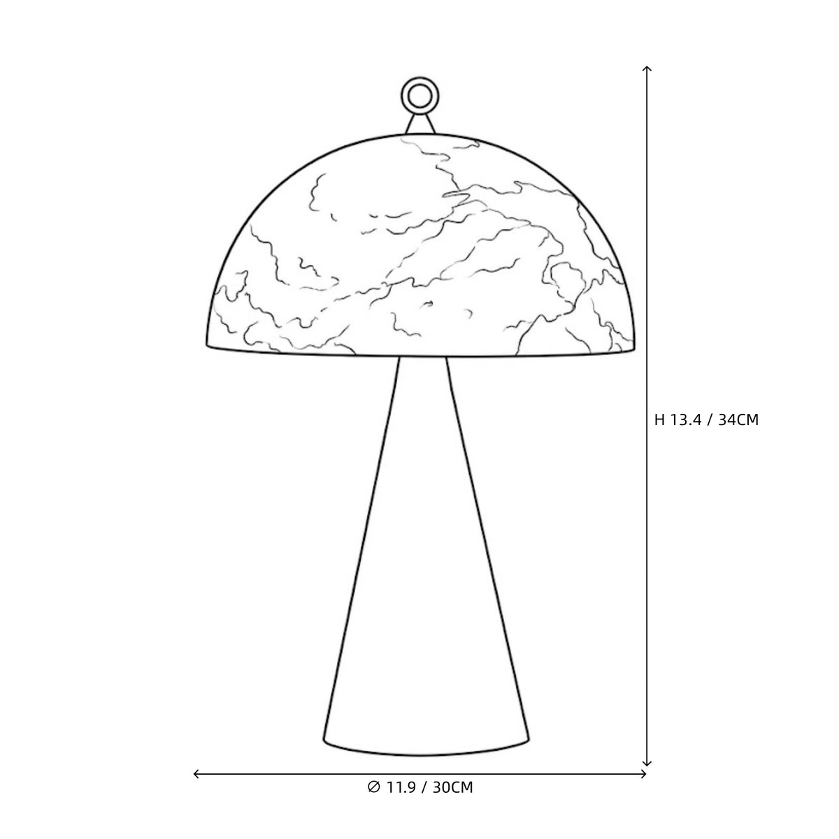 Modern Brass Cone Base Alabaster Dome Table Lamp Line Art Dimension Diagram