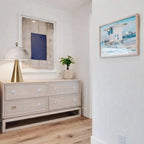 Modern Brass Cone Base Alabaster Table Lamp in Bright Living Space