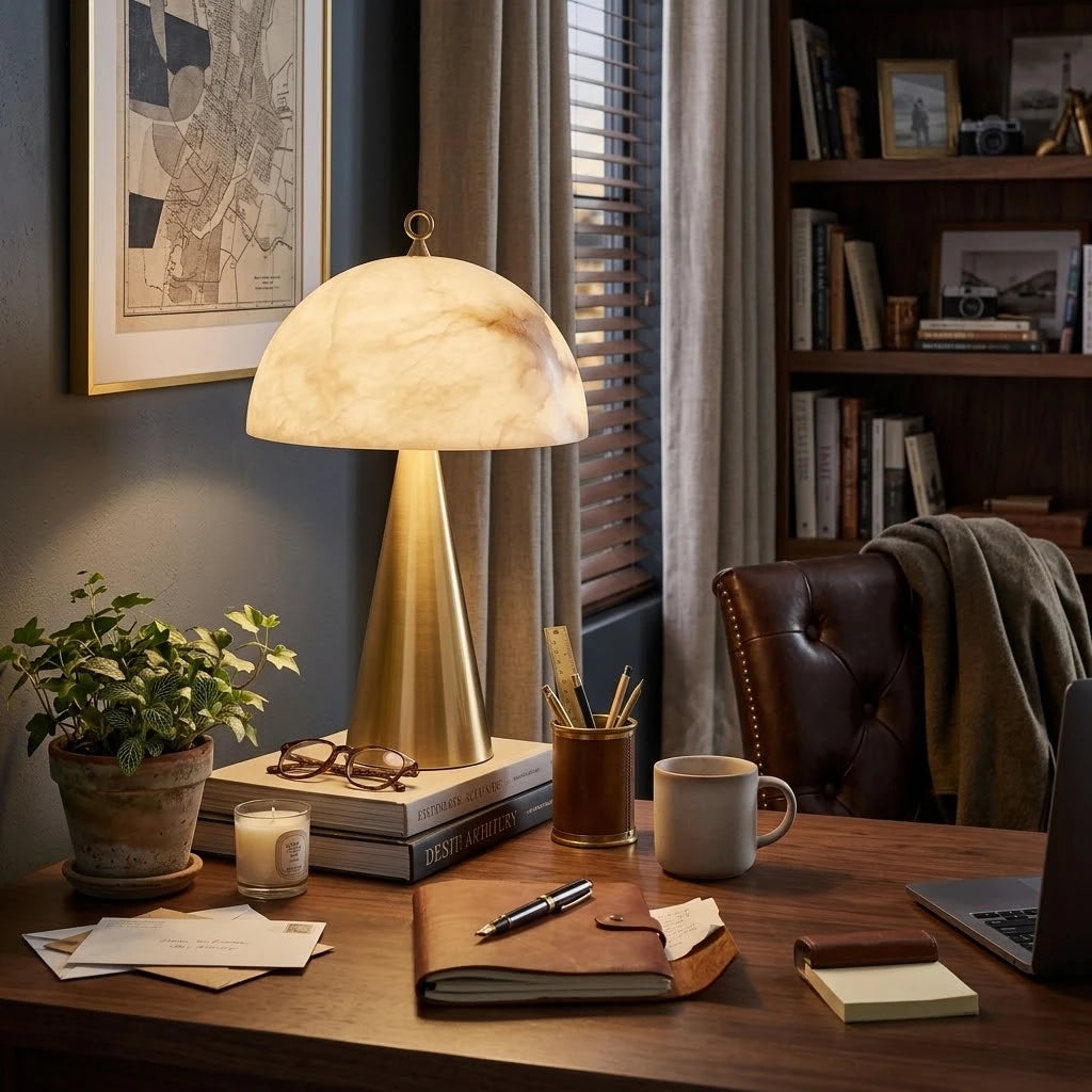 Modern Brass Cone Base Alabaster Table Lamp in Home Office Workspace