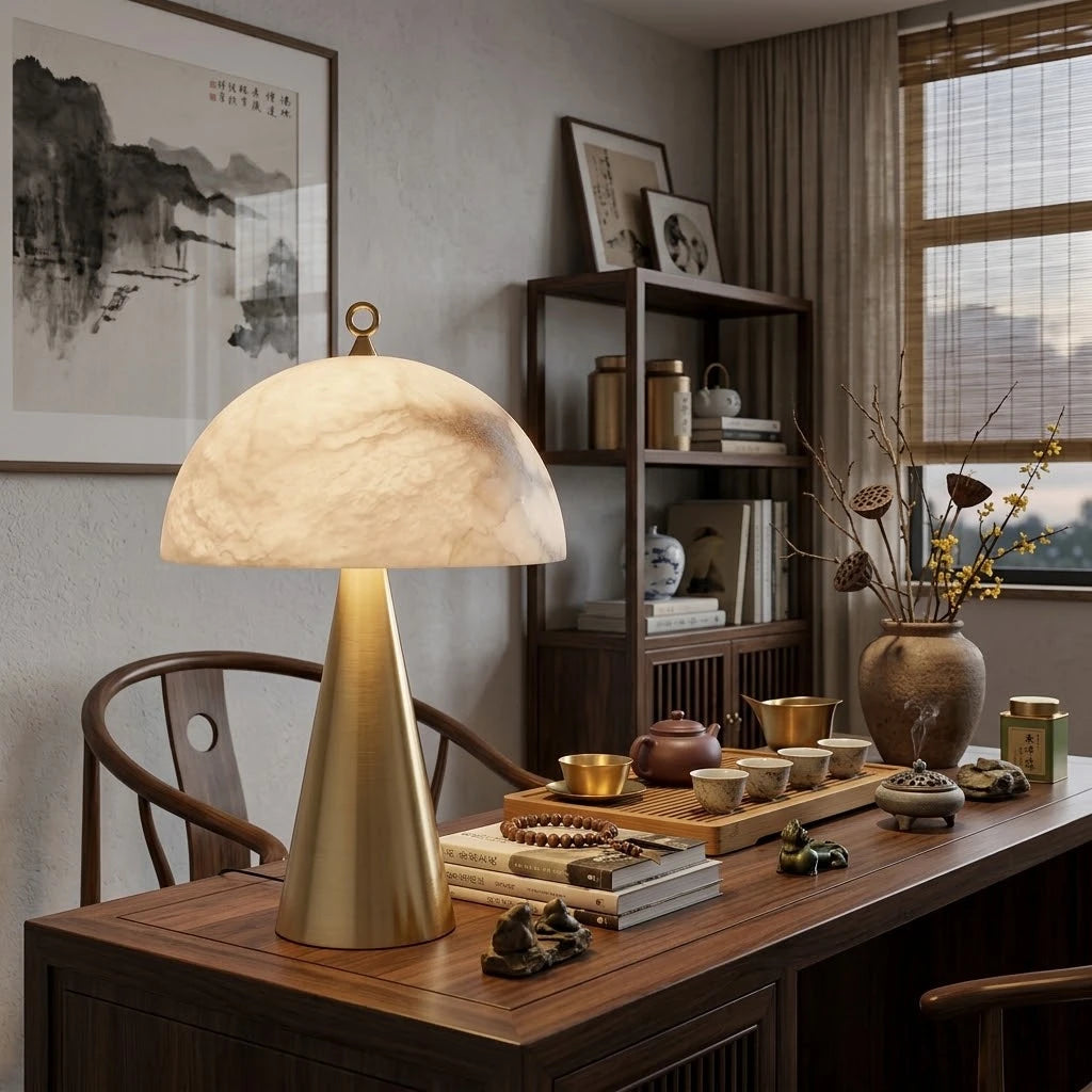 Modern Brass Cone Base Alabaster Table Lamp in Executive Office Setting