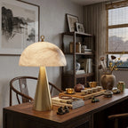 Modern Brass Cone Base Alabaster Table Lamp in Executive Office Setting
