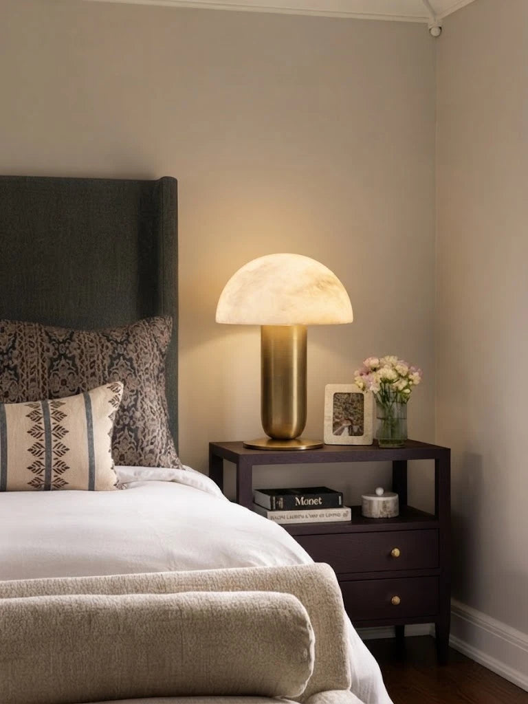 Modern Alabaster Mushroom Table Lamp in Master Bedroom Interior