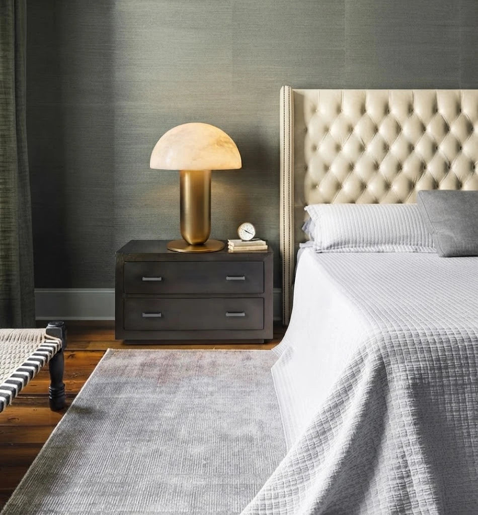 Modern Brass Alabaster Mushroom Table Lamp in Formal Bedroom Setting